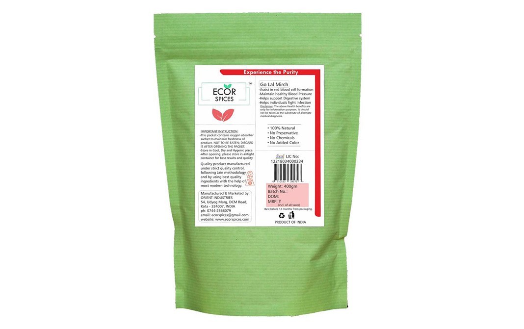 Ecor Spices Red Chilli Powder    Pack  400 grams